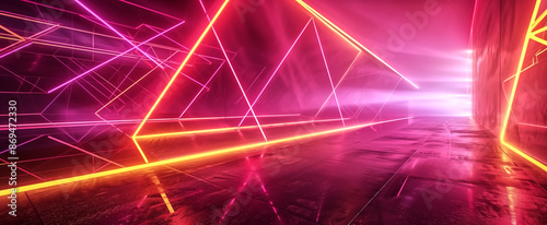 Dark Yellow Red neon lines, geometric shapes, virtual space, ult photo