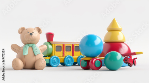 3D icon set of toys, airplanes and trains toy blocks with a teddy bear ball, castle cube isolated on a white background, © MdArif