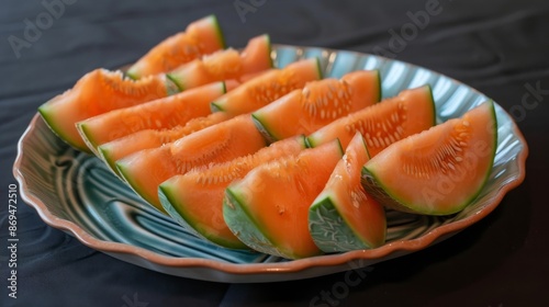 Melon Wedges: Neatly cut melon wedges arranged on a plate, ready to be served as a refreshing snack. Generative AI