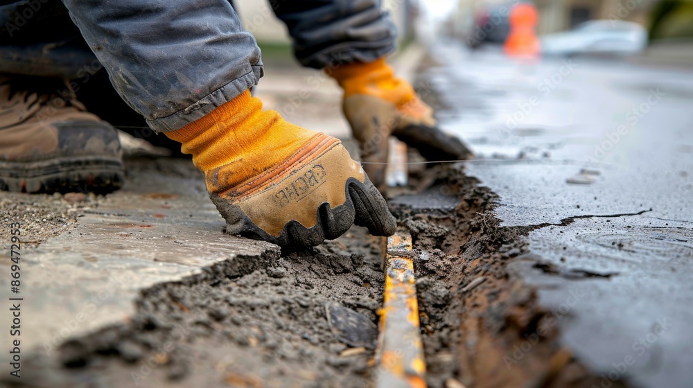 A worker carefully applying a concrete patching compound to a large crack in a sidewalk smoothing it out for a seamless repair, A worker carefully applying a concrete patching compound to a large crack in a sidewalk smoothing it out for a seamless repair,