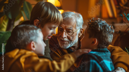 a detailed image of an LGBTQ+ elder sharing stories with grandchildren, their faces illuminated by warm indoor lighting, authentic moments, wisdom, resilience, personalities, LGBTQ