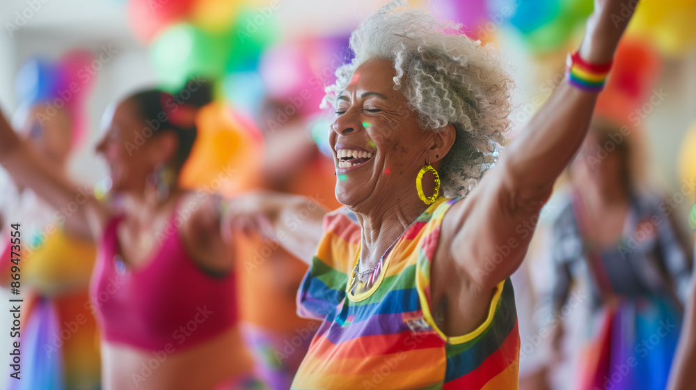 of an LGBTQ+ elder participating in a community dance class, their expression full of energy and happiness, authentic moments, wisdom, resilience, personalities, L of an LGBTQ+ elder participating in a community dance class, their expression full of energy and happiness, authentic moments, wisdom, resilience, personalities, L