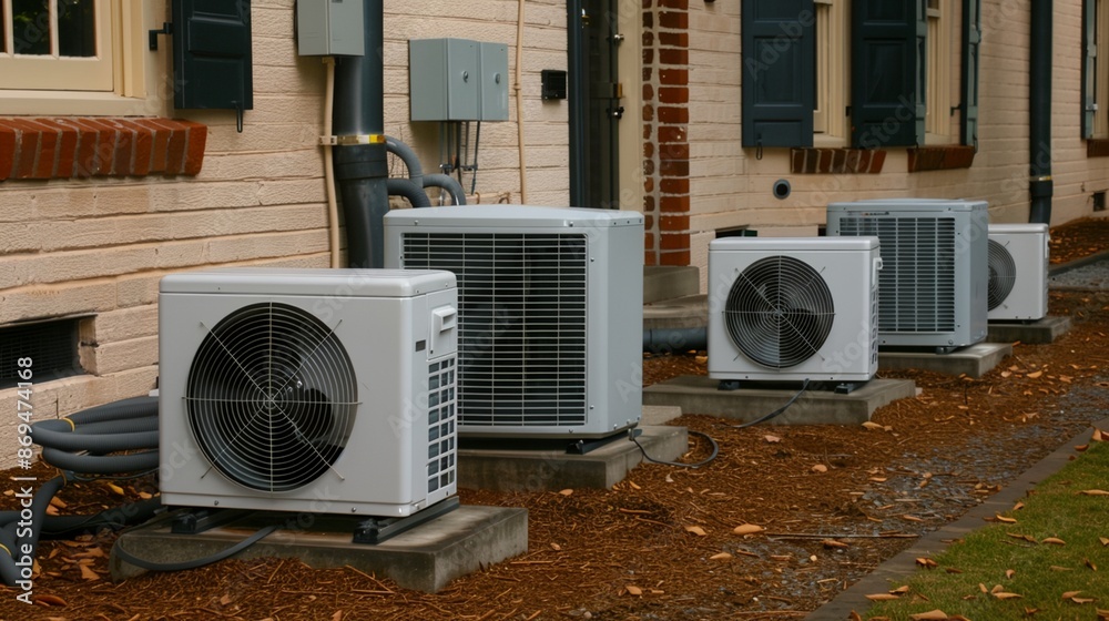 air conditioners sitting outside of a building next to a sidewalk air conditioners sitting outside of a building next to a sidewalk