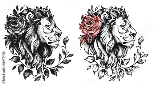 Two lions with roses on their heads. One lion is black and white and the other is red