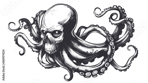 A skull with an octopus on top of it. The octopus is curled up and has a menacing look