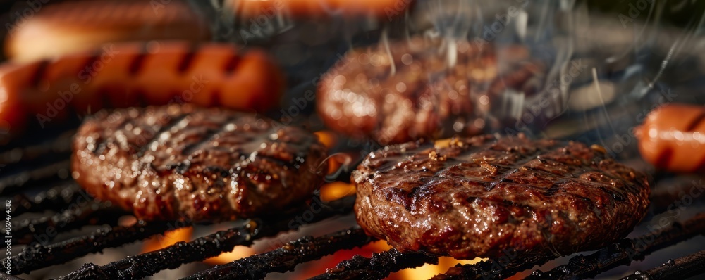 A barbecue grill with sizzling burgers and hotdogs