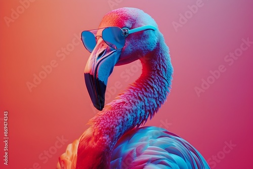 Stylized Flamingo Portrait with Vibrant Colors and Sunglasses in Studio Setting