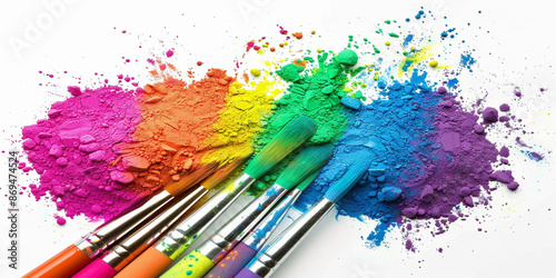 Watercolor painting brush and paint dust close up, pride day rainbow color concept , color psychology concept