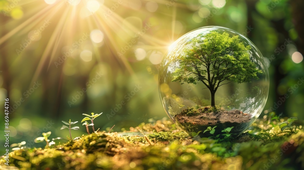 A captivating image of a tree encased in a glass sphere, set in a lush forest with sunlight streaming through the trees. A captivating image of a tree encased in a glass sphere, set in a lush forest with sunlight streaming through the trees.