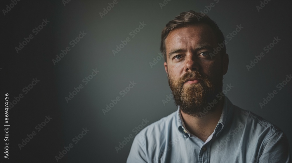 a man with a beard and a blue shirt looking at the camera with a serious look on his face a man with a beard and a blue shirt looking at the camera with a serious look on his face