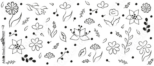 Doodle Scribble hand drawn summer Flowers seamless pattern. Line stroke grunge texture Floral ornament. Simple black vector illustration can used bed linen print. EPS 10