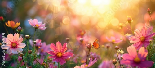 A beautiful scene of colorful wildflowers in full bloom with a butterfly, bathed in the warm glow of a golden sunset.