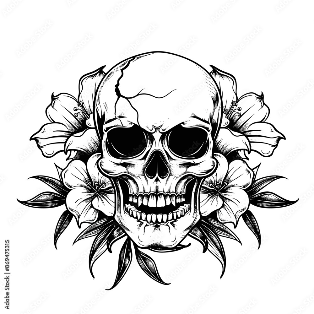 A skull with flowers surrounding it. The skull is drawn in black and white. The flowers are drawn in a variety of colors and sizes. Scene is dark and eerie A skull with flowers surrounding it. The skull is drawn in black and white. The flowers are drawn in a variety of colors and sizes. Scene is dark and eerie