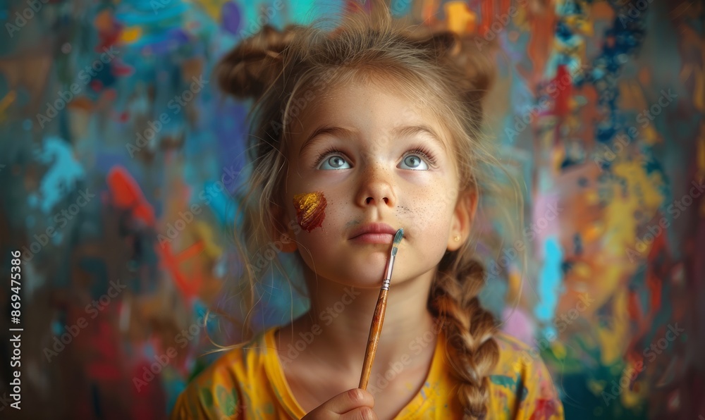 Child with a paintbrush, looking creative Child with a paintbrush, looking creative