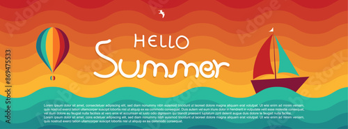 Abstract colorful summer banner with sailboat and hot air balloon, vector illustration
