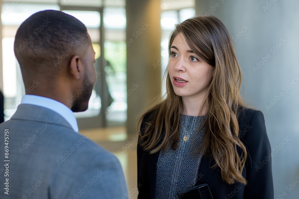 Two professionals engage in a focused conversation in a modern office setting. Two professionals engage in a focused conversation in a modern office setting.