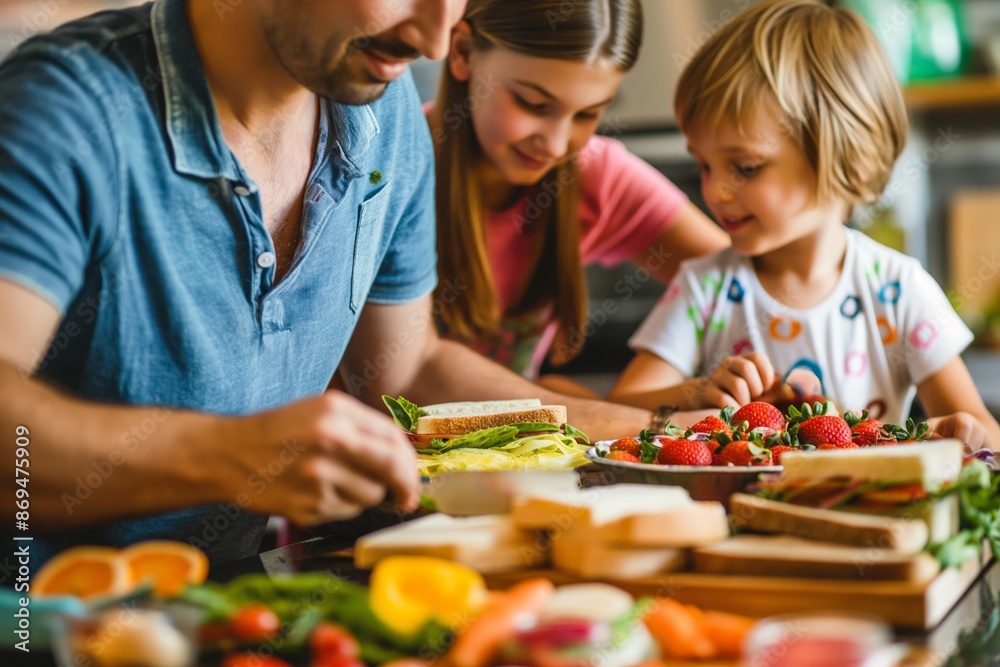 A family happily cooking together in the kitchen, preparing sandwiches and enjoying fresh strawberries. A family happily cooking together in the kitchen, preparing sandwiches and enjoying fresh strawberries.