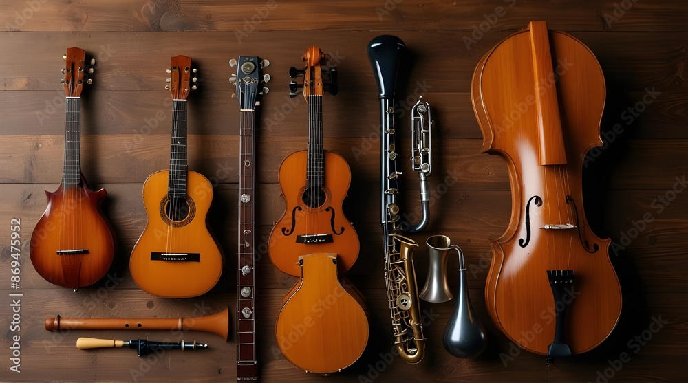 Fototapeta premium Set of different musical instruments on wooden background.generative.ai