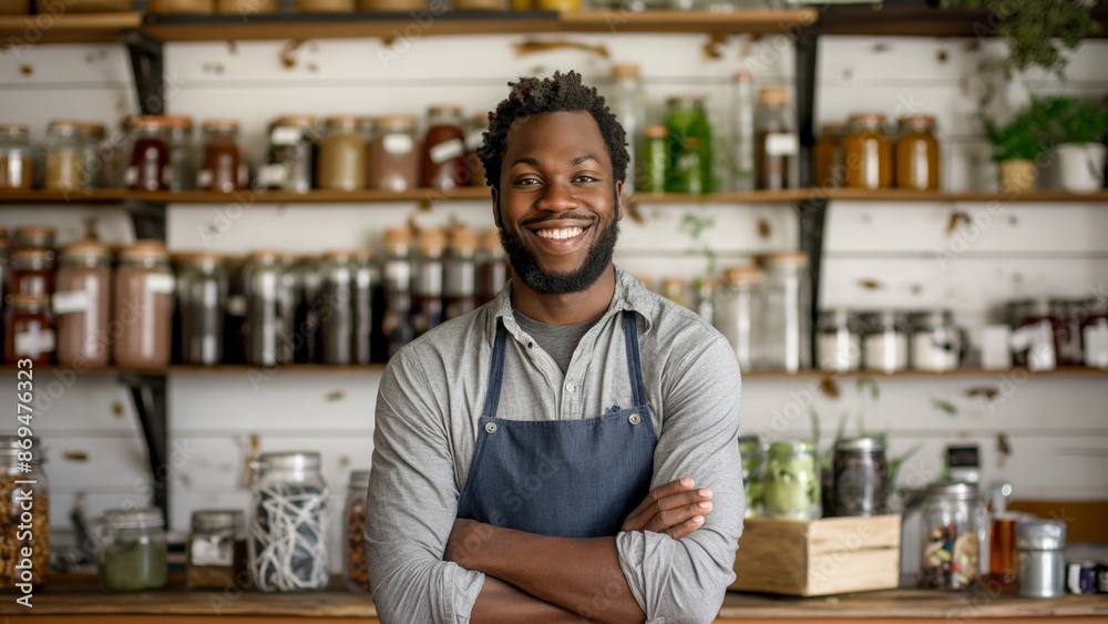 A smiling store owner in an apron standing in front of shelves with jars.