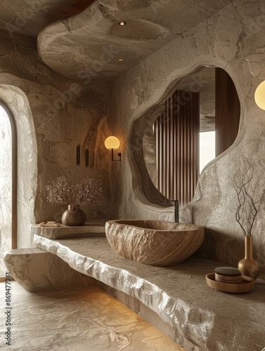 Modern bathroom design with organic curves and natural stone finishes. Elegant wooden accents and subtle lighting create a sophisticated and earthy space