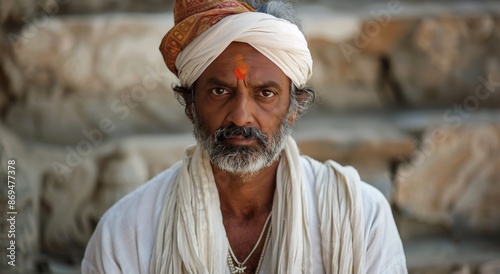 Elderly Man With White Turban and Beard Stands in Front of Stone Steps