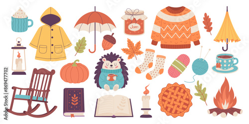 Set of cozy autumn elements, vector illustration