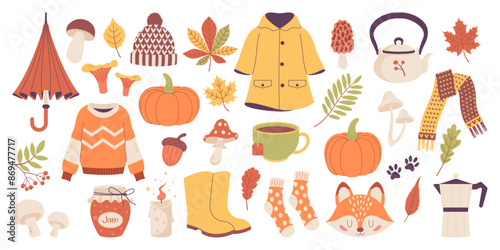 Autumn set, autumn pictures, collection of design elements with leaves, pumpkins, sweater, wreaths and others. Hand drawn vector illustration.