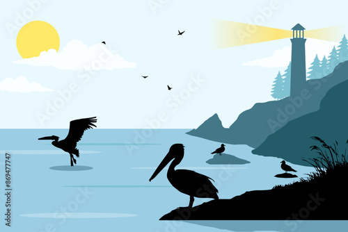 View of wildlife on the beach. Summer day vector illustration poster design template
