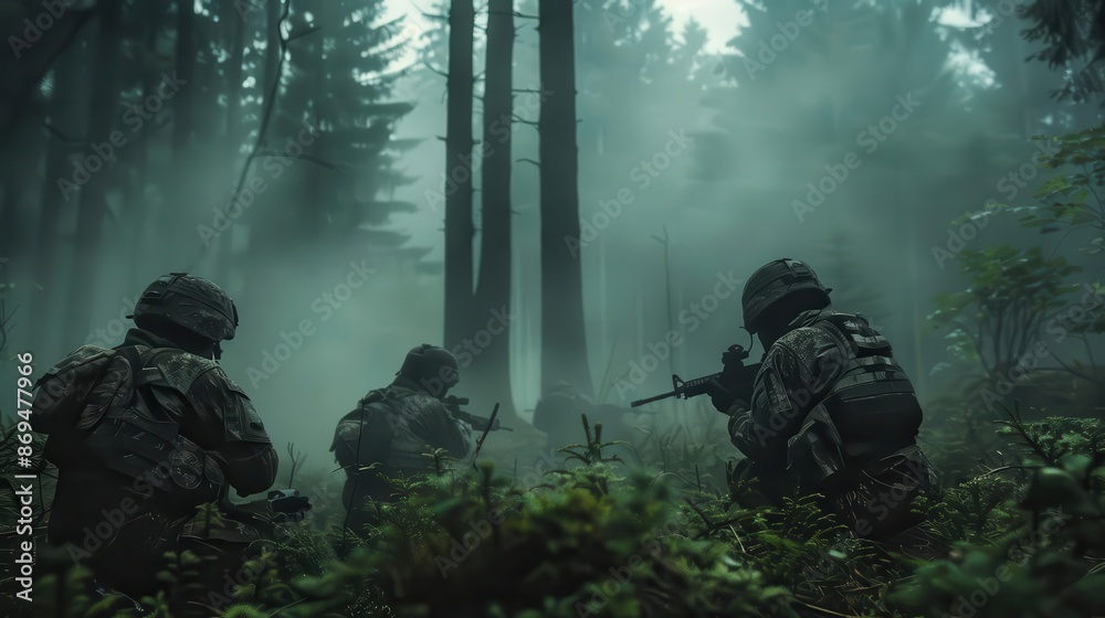 tense soldiers crouched in misty forest strategizing defense atmospheric lighting and camouflage create suspenseful scene highlighting military tactics and teamwork in nature tense soldiers crouched in misty forest strategizing defense atmospheric lighting and camouflage create suspenseful scene highlighting military tactics and teamwork in nature