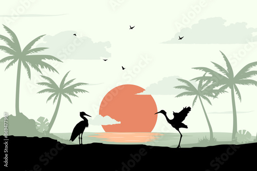 View of cranes against sunrise on the beach. Summer day vector illustration poster design template