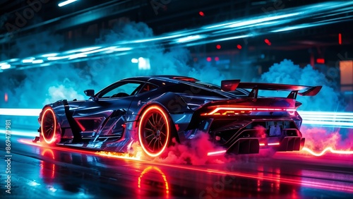 Futuristic sports car with red neon accents in misty cyberpunk cityscape. Generative AI
