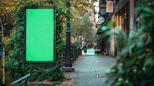 Unique and attractive vertical blank green screen billboard mock-up at public squre, chrming historic district photo