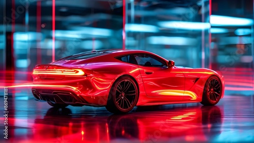 Sleek red sports car in futuristic neon background, perfect for automotive advertising. Generative AI