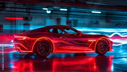 Futuristic sports car in neon lighting, side view, speeding in a digital backdrop. Generative AI