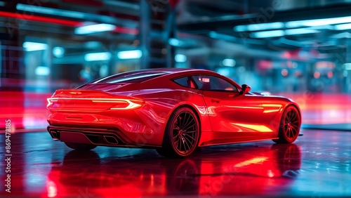 Sleek red sports car in futuristic neon garage. Generative AI