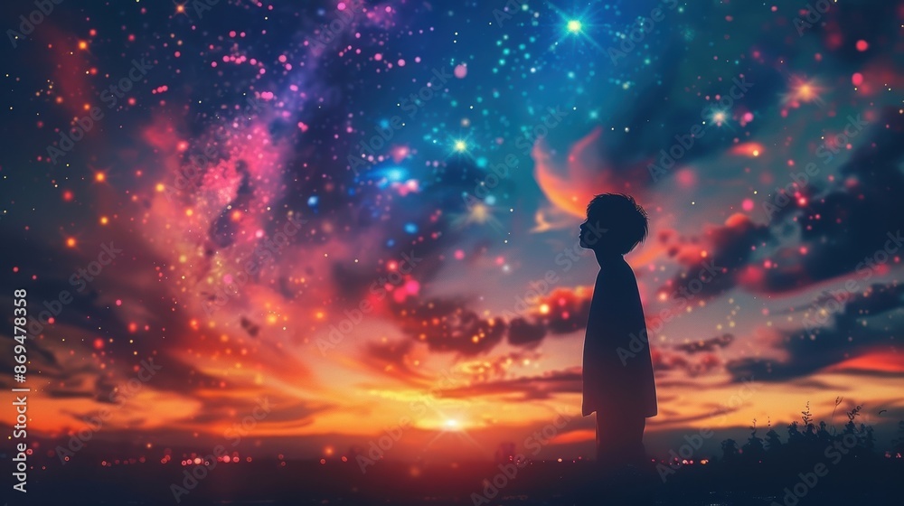 A silhouette of a person gazing at the colorful, star-filled night sky with a sunset in the background, invoking wonder and contemplation.