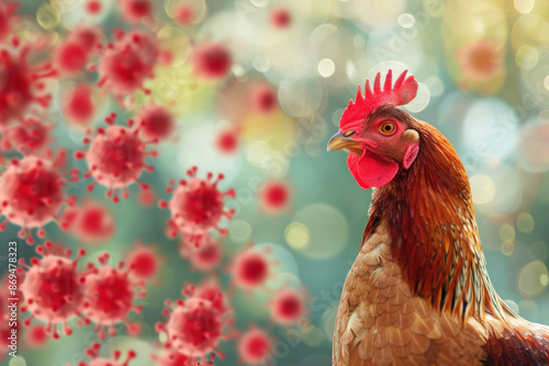 Chicken looking away from approaching virus particles, concept for avian flu, bird flu or animal diseases