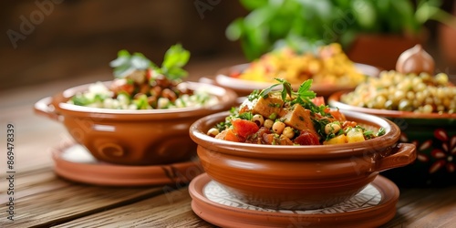 Indulge in Authentic Moroccan Cuisine Rustic and Flavorful Tagines from Africa. Concept African Cuisine, Moroccan Tagines, Rustic Flavors, Authentic Dining