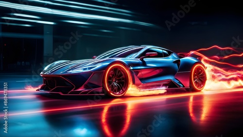 Futuristic sports car with neon lights on a fast motion against a glowing urban background. Generative AI