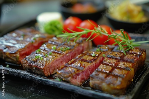 Juicy grilled beef steaks with a beautiful sear and perfect doneness, garnished with fresh herbs, tomatoes, and vegetables in the background.