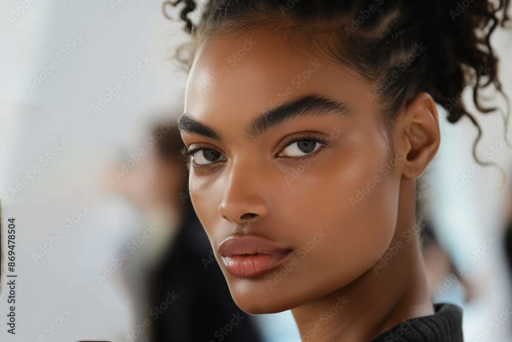 Naklejka premium A close-up portrait of a woman showcasing her natural beauty with a confident expression.