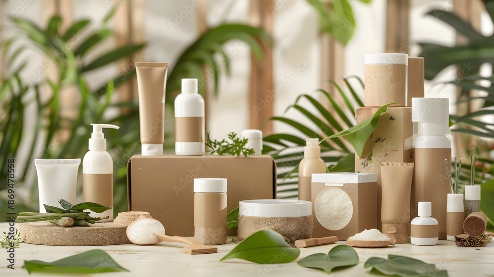 Natural beauty products displayed on a table with green leaves and wood accents. Natural beauty products displayed on a table with green leaves and wood accents.