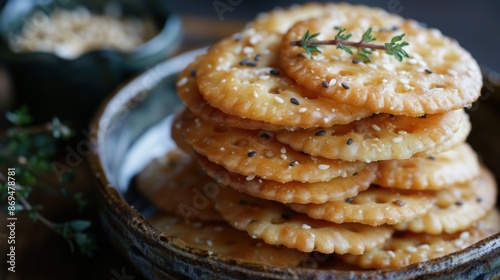 Stack of crispy sesame crackers garnished with fresh thyme on a rustic ceramic plate, ready to be served as a tasty snack or appetizer.