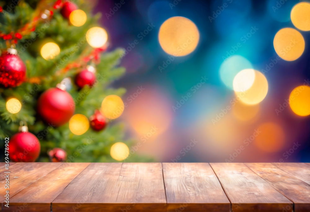 Empty wooden table with festive Christmas background Empty wooden table with festive Christmas background