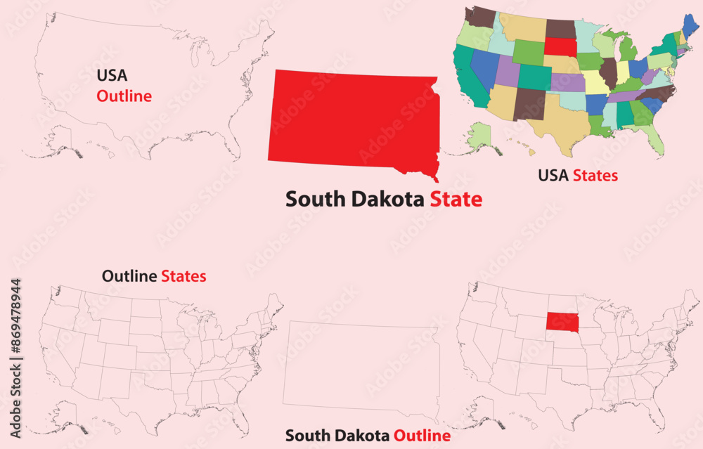Obraz premium South Dakota map vector of usa, South Dakota line map, South Dakota with city map, South Dakota outline map