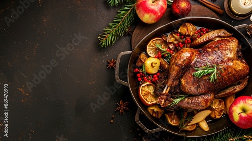 Roast Goose Stuffed With Baked Apples In A Skillet, A Festive Meal