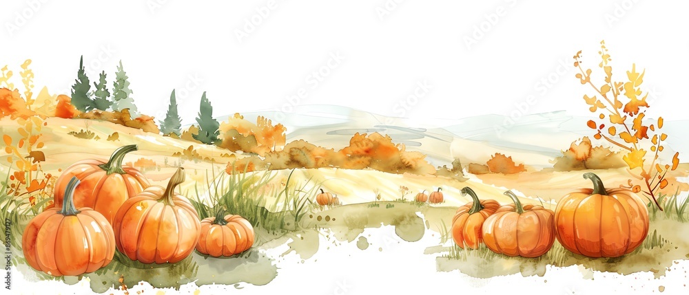 Fototapeta premium A cozy autumn pumpkin field landscape on white background