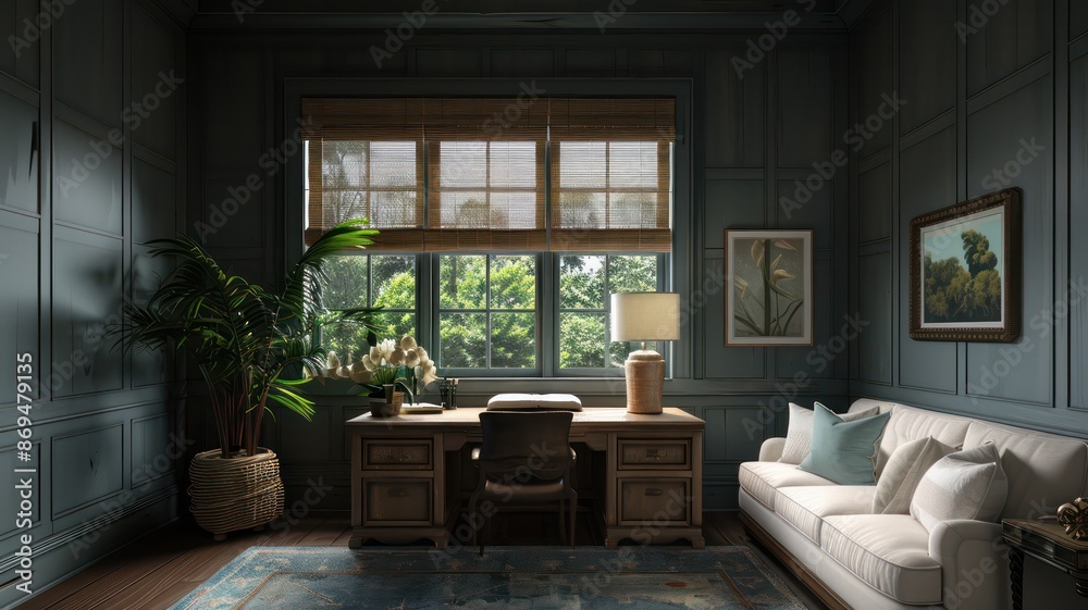Fototapeta premium A small room with a desk and a couch. The room is decorated with a painting on the wall and a potted plant. The room has a modern and minimalist design
