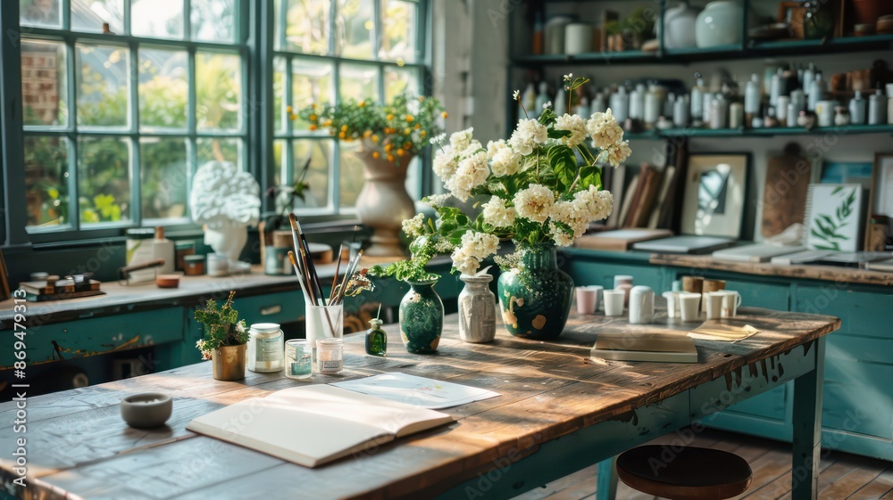 A table with a vase of white flowers and a notebook with a pen on it A table with a vase of white flowers and a notebook with a pen on it