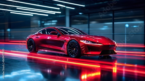 Futuristic red sports car in motion with neon lights on urban background. Generative AI